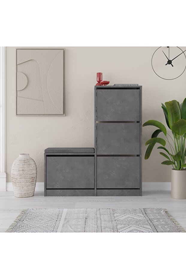 Dude 16 Pair Shoe Cabinet with 4 Drop-Doors - 118.5cmH - Retro Grey_M.AK.23973.6