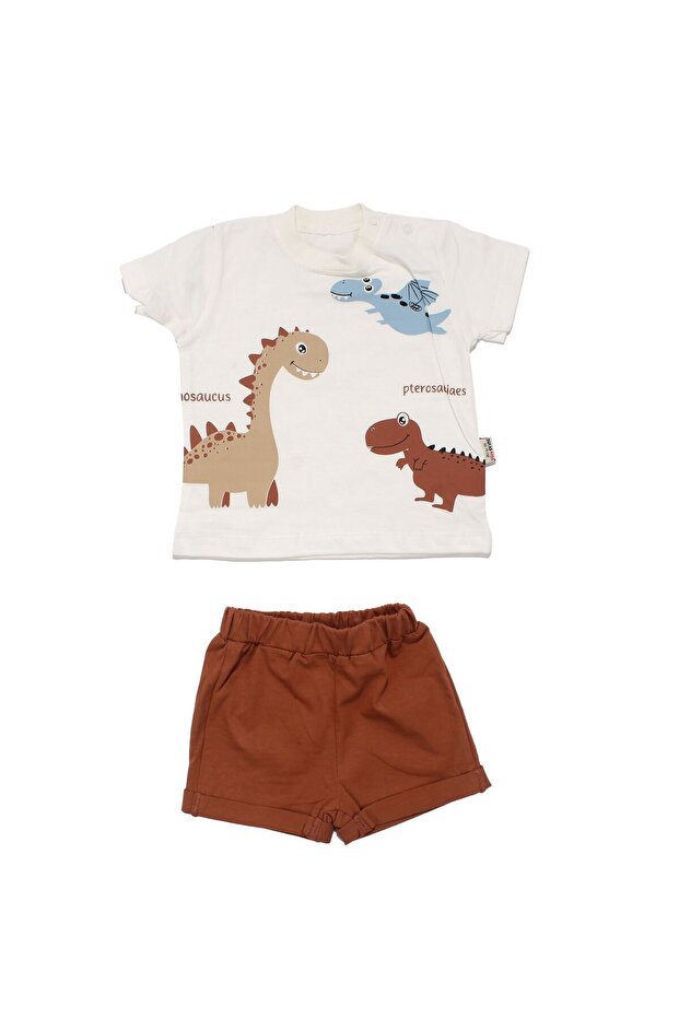 Baby Boy Ecru Brown Dinosaur Patterned Shorts and T-Shirt Set of 2