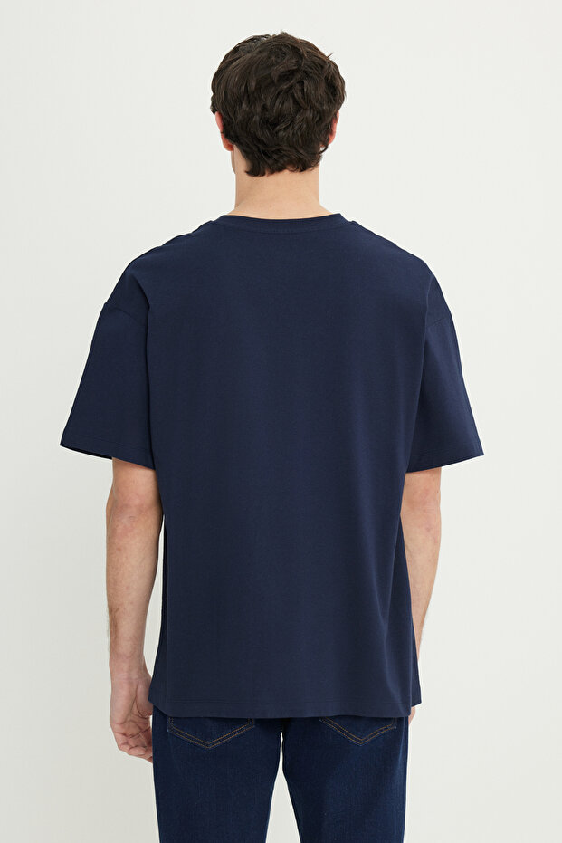 Erkek Lacivert-Beyaz Oversize %100 Pamuk Geniş Kesim Baskılı Bisiklet Yaka Tişört - 5