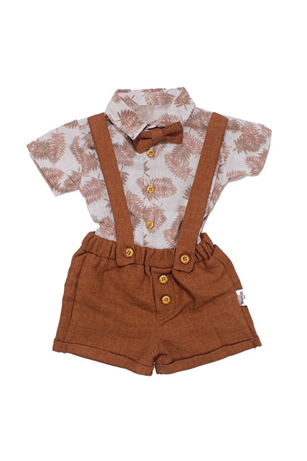 Baby Boy Tile Leaf Patterned Bow Tie Shirt Salopet Set