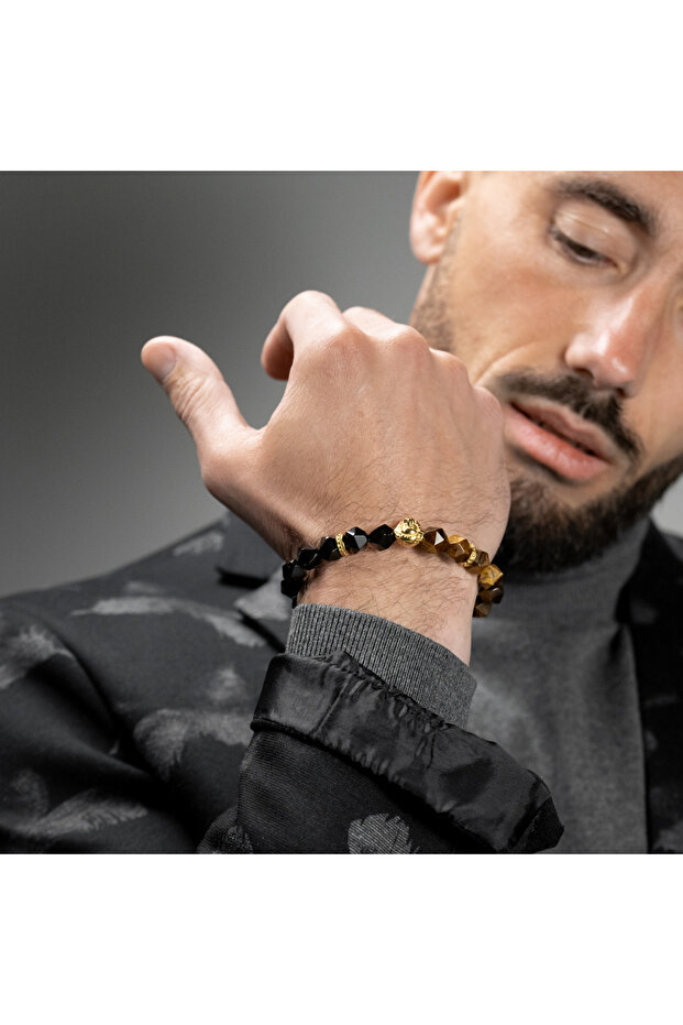 GT Collection, Pánský náramek s lví hlavou a tygřím okem, energetické kameny ONIX, univerzální velikost a nastavitelná šňůrka - 7