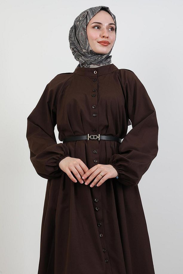 Tam Boy Düğmeli Elbise Acı Kahve - 6
