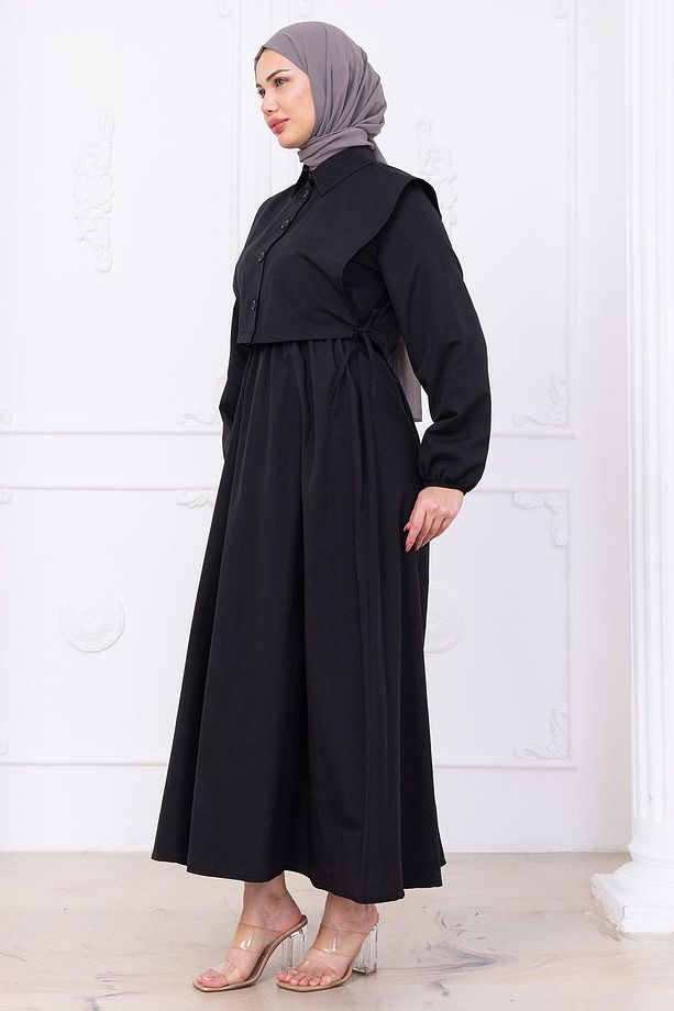 Bolerolu Beli Lastikli Elbise Siyah HM2756 - 4
