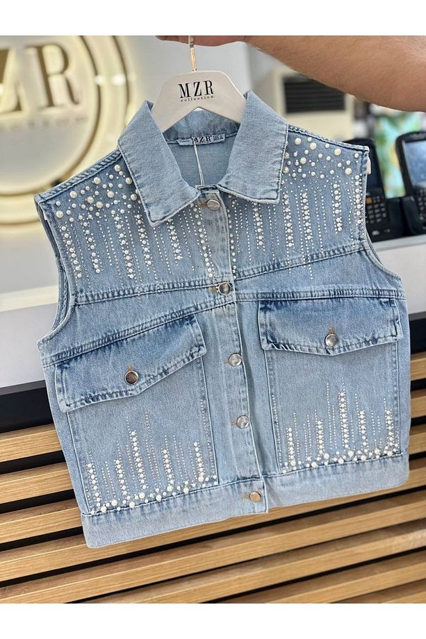MZR Collection Kadın Cebi ve Göğsü İnci İşlemeli Kot Yelek - 5