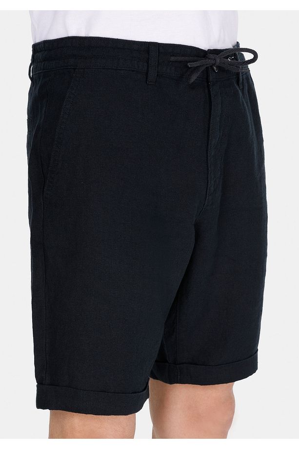 Regular Fit Orta Bel Düz Erkek Keten Karışımlı Siyah Şort - 4