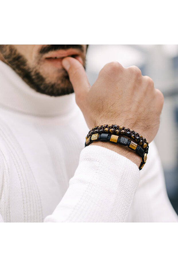 Pánský náramek GT Collection s plochými korálky, TYGŘÍ OKO, ČERNÝ ONYX, energetické kameny, univerzální velikost a nastavitelná šňůrka - 2