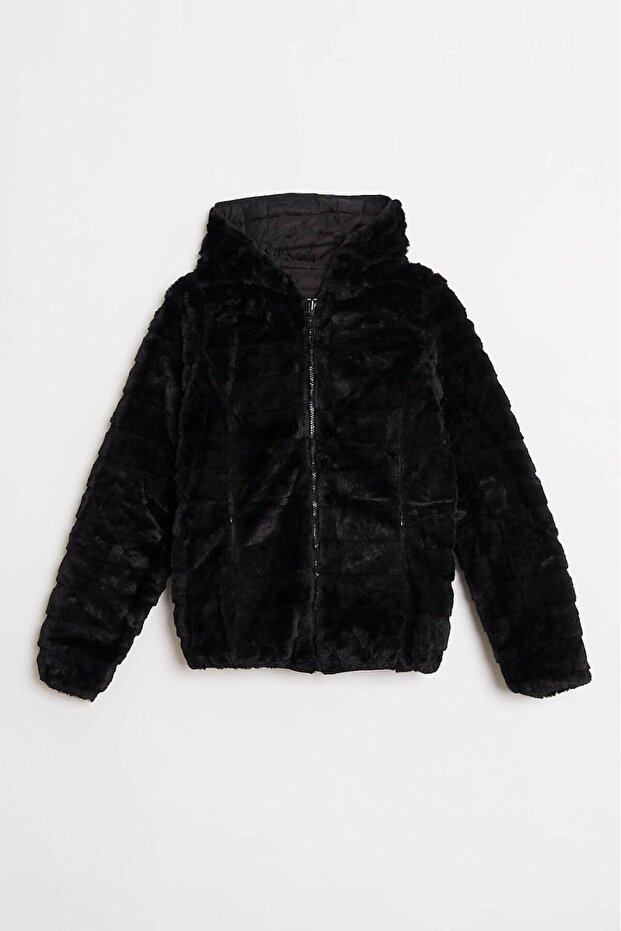 ROBİN Women's Plush Inflatable Short Coat Suitable for Double-Sided Use
