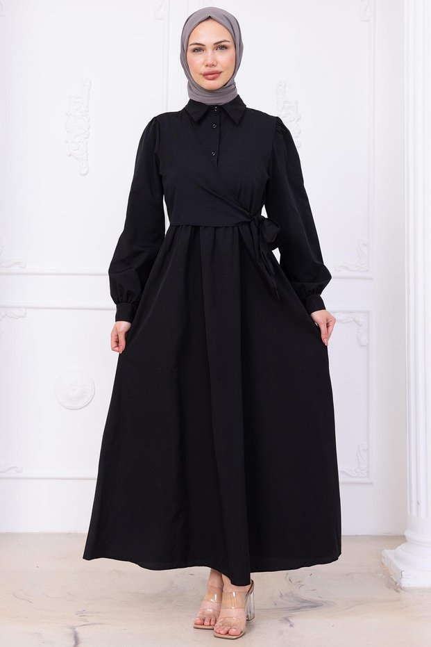 Side Tie Hijab Dress Black Hm2753