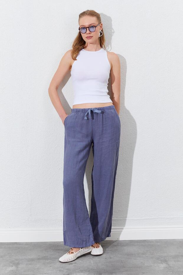 Women's Gray Waist Rope Tie Linen Side Pocket Wide Leg Trousers
