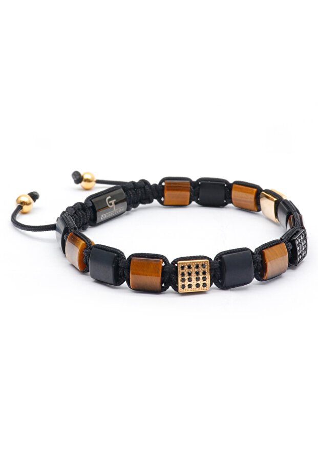 Pánský náramek GT Collection s plochými korálky, TYGŘÍ OKO, ČERNÝ ONYX, energetické kameny, univerzální velikost a nastavitelná šňůrka - 5