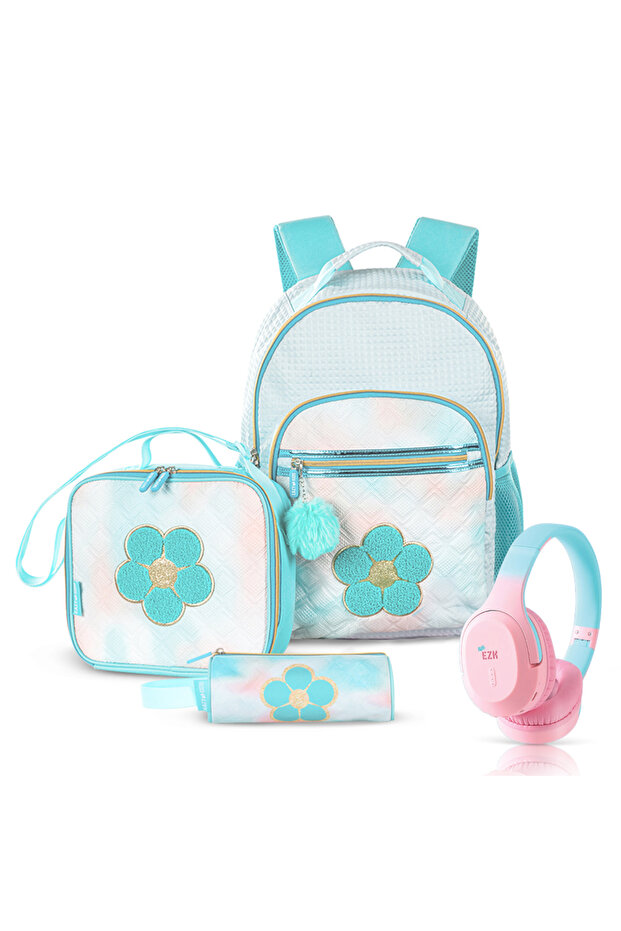 18" Set of 4 Backpack w/ BT Headset, Lunch Bag and Pencil Case - Flora Green