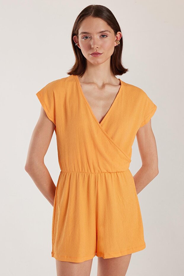 Women's Regular Fit Short Sleeve V-Neck Orange Jumpsuit
