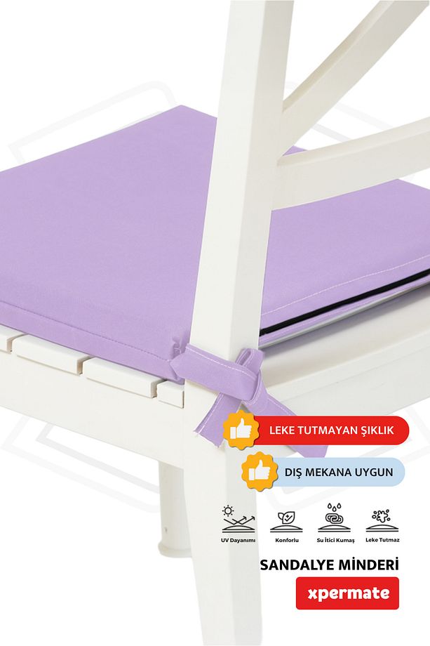 Fermuarlı 6'lı Sandalye Minderi Su Itici Kumaş 40x40 Cm Sünger Sandalye Minderi Bağcıklı Lila - 4