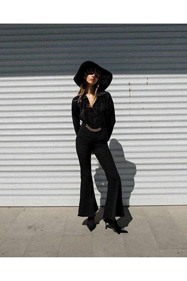 Women's Waist Chain Detailed Flared Leg Fabric Trousers