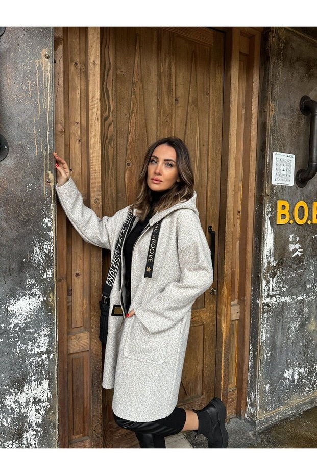 ROBIN Women's Hooded Bag Pocket Unlined Lightweight Boucle Eyebrow Oversize Coat