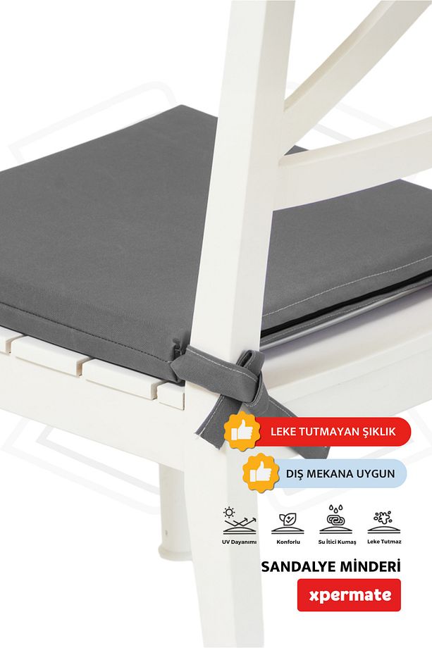 Fermuarlı 4'lü Sandalye Minderi Su Itici Kumaş 40x40 Cm Sünger Sandalye Minderi Bağcıklı Antrasit - 4