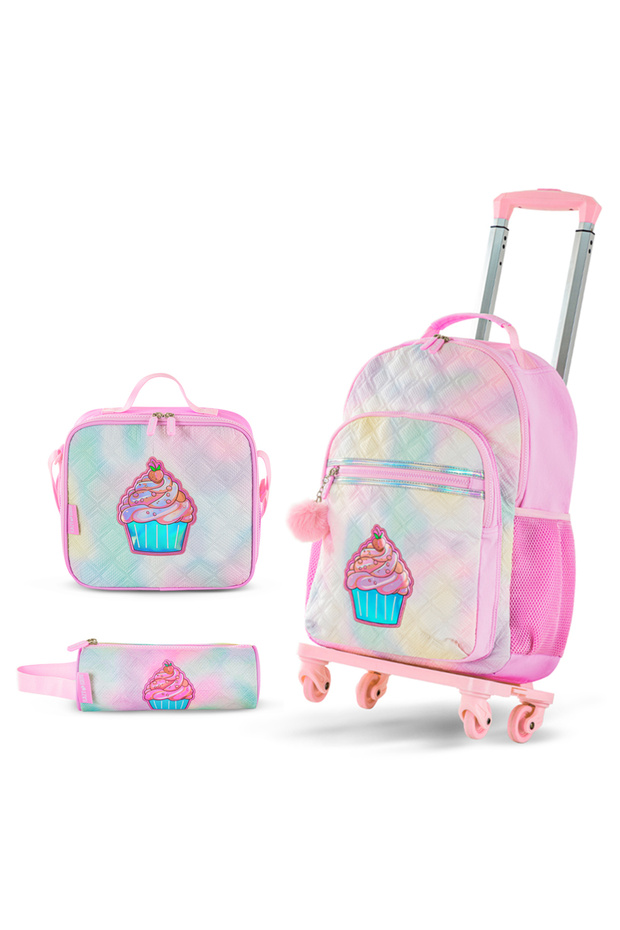 17" Set of 4 Backpack w/ 4 Wheel Trolley, Lunch Bag and Pencil Case - Sugar Pop Pink