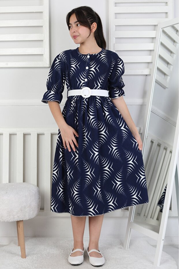 Girl's Patterned Long Festive Wrap Fabric Summer Dress with Belt