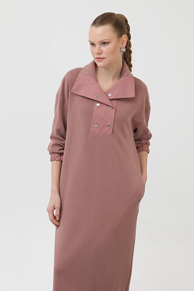 Kadın Çıtçıt Detaylı Elbise - 12593ELB - Gül - 1