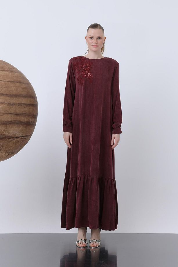 Kadın Önü Nakışlı Ve İşlemeli Elbise - 12597ELB - BURGUNDY - 3