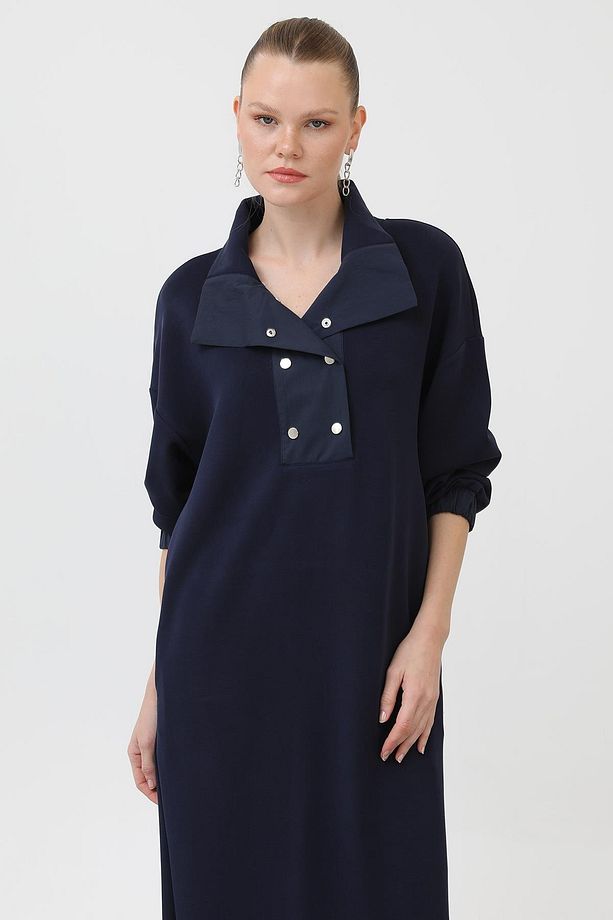 Kadın Çıtçıt Detaylı Elbise - 12593ELB - NAVY - 2