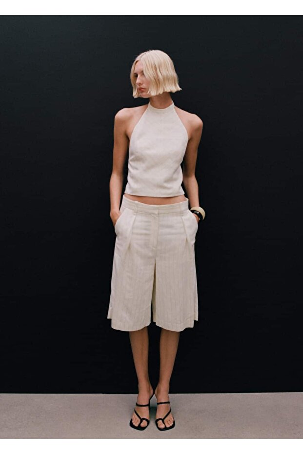 Çizgili keten karışımı bermuda şort - 5