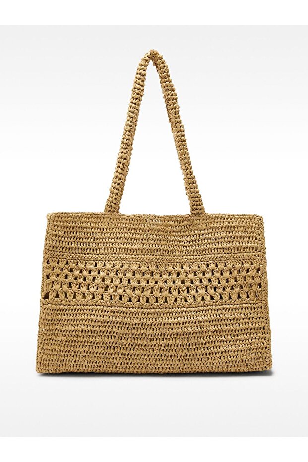 Hasır Görünümlü Örgü Detaylı Shopper Çanta. - 2