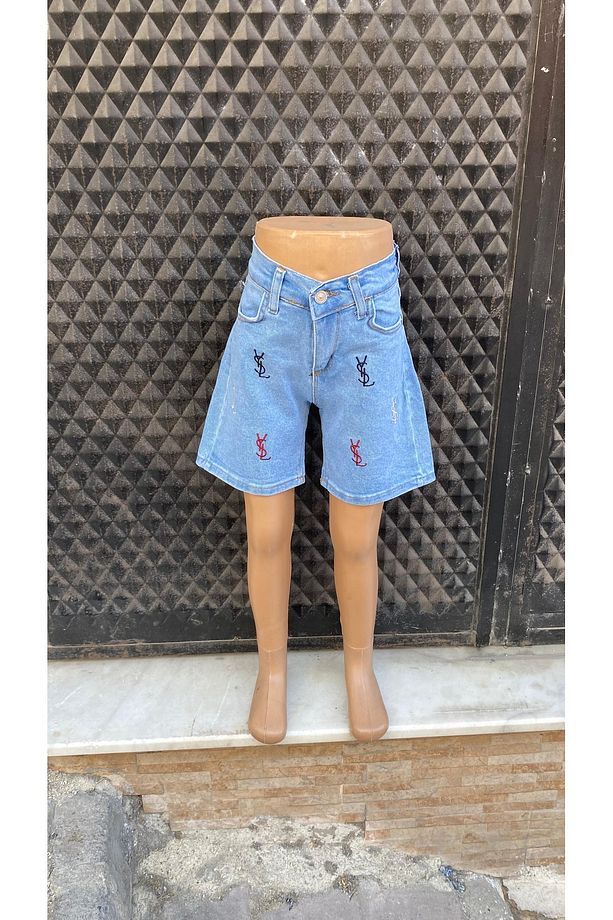 Çocuk Beli Lastikli Kot Şort Ysl Nakışlı - 1
