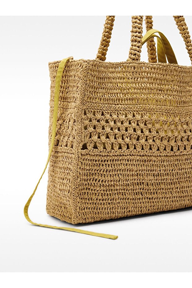Hasır Görünümlü Örgü Detaylı Shopper Çanta. - 3