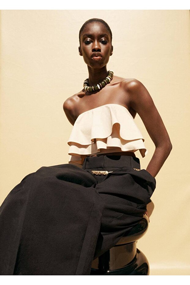 Volanlı straplez bluz - 6