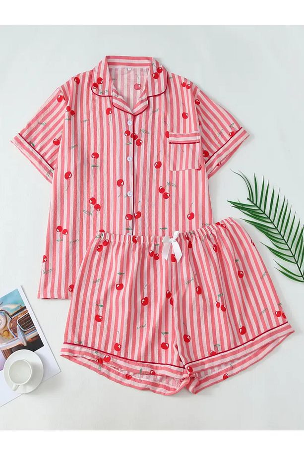 Kadın Tiril Kumaş Şortlu Gömlek Pijama Takımı - 1