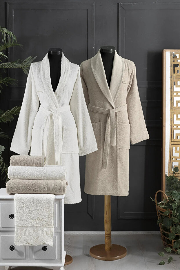 100% Cotton Patterned Cream-Beige 2 Bathrobe&2 Face Towels&2 Bath Towels 6-Piece Bathrobe Set Q.K.Br.Nz.St