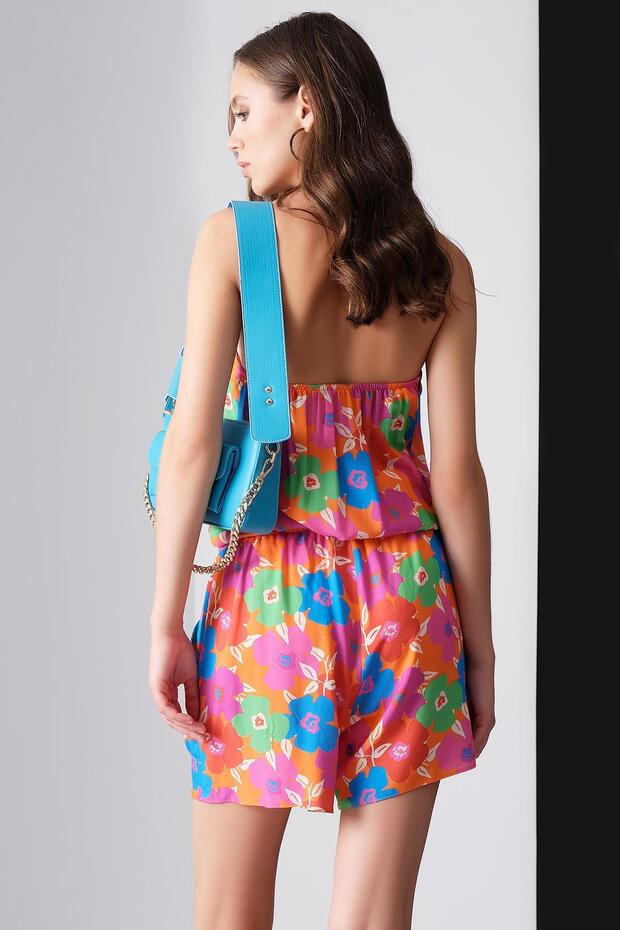 Desenli Straplez Kısa Tulum - 2