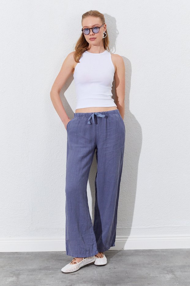 Linen Trousers with Belted Waist, Side Pockets and Wide Leg Cut - Gray | Ek100661328