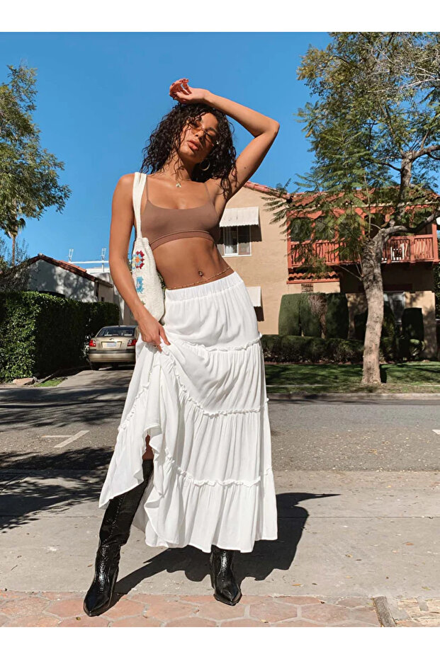 Beyaz Basic Pileli Kadın Uzun Etek - 1