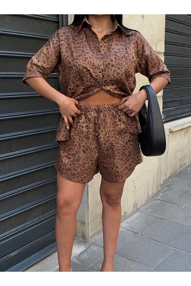 Kadın Oversize Gömlek Şort Takımı - 5