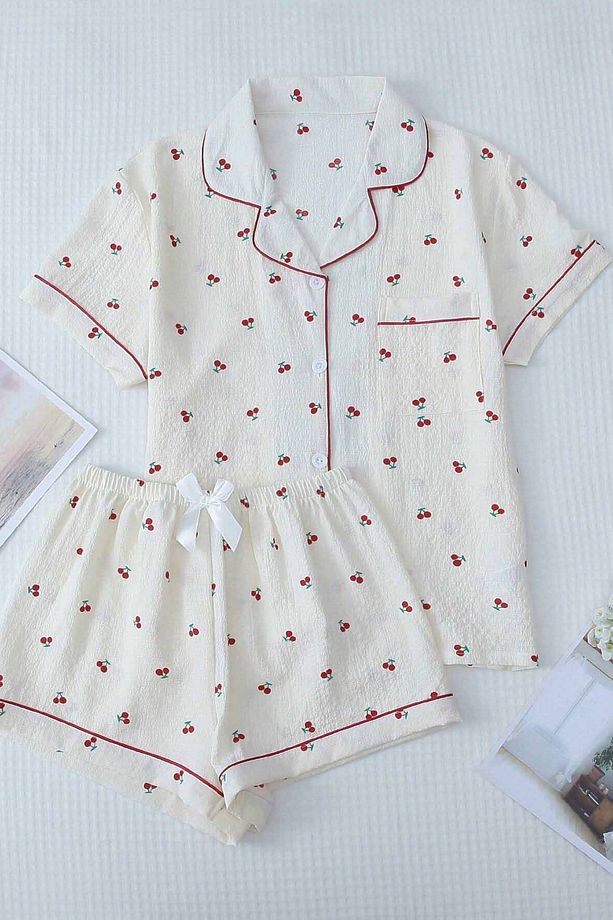 Özel Örme Kumaş Baskılı Kısa Kollu Şortlu Pijama Takımı - 1