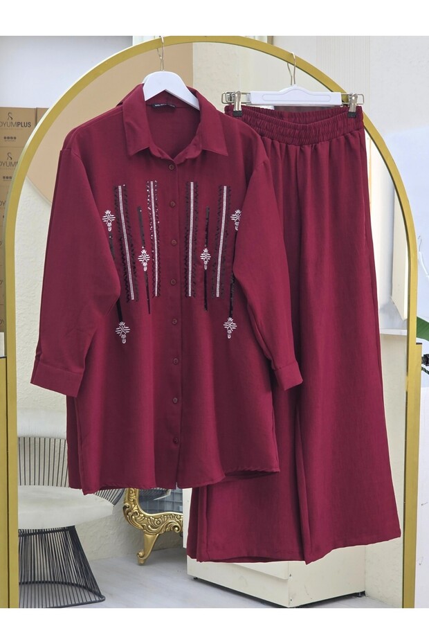 Sofia Linen Suit with Buttoned Front Sequined Trousers - Burgundy