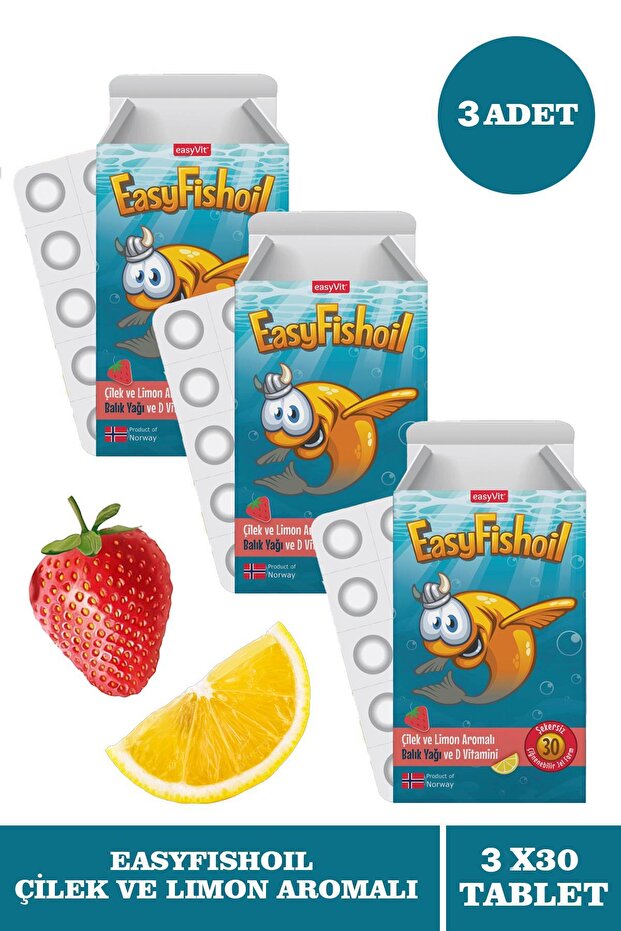 EasyFishoil Çocuk Çilek ve Limon Aromalı 30 Çiğneme Tableti 3 Adet - 1