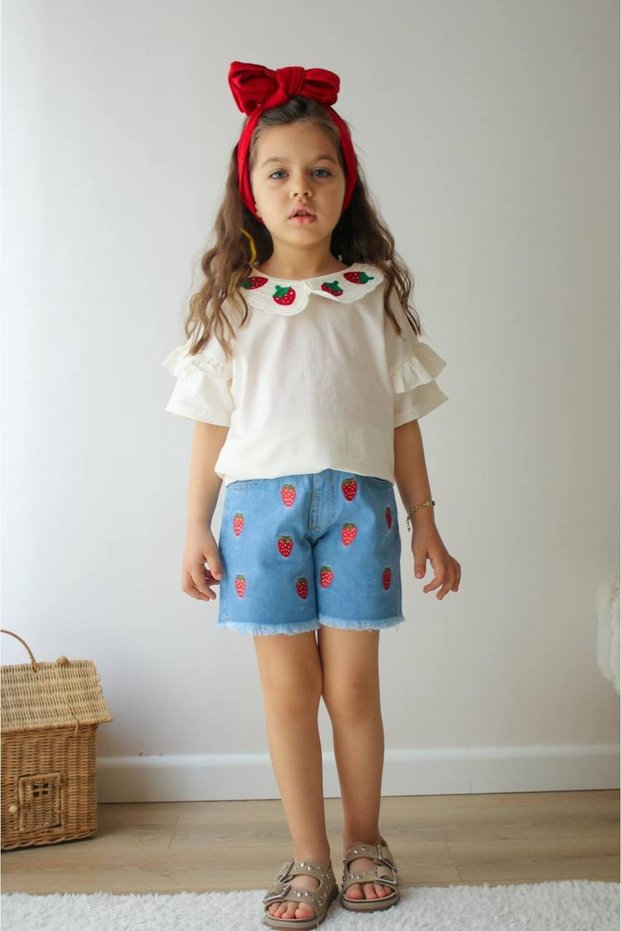 Girl's Baby Collar Strawberry Detail Stylish Eid Suit with Denim Shorts