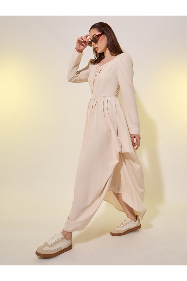 Solid Puff Sleeves Asymmetric Hem A-Line Maxi Dress
