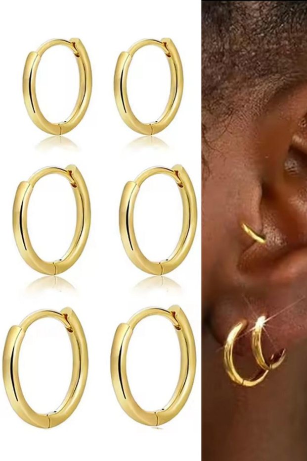 3 Pairs Gold Color Surgical Steel Hoop Earrings Set – Antiallergic & Water Resistant