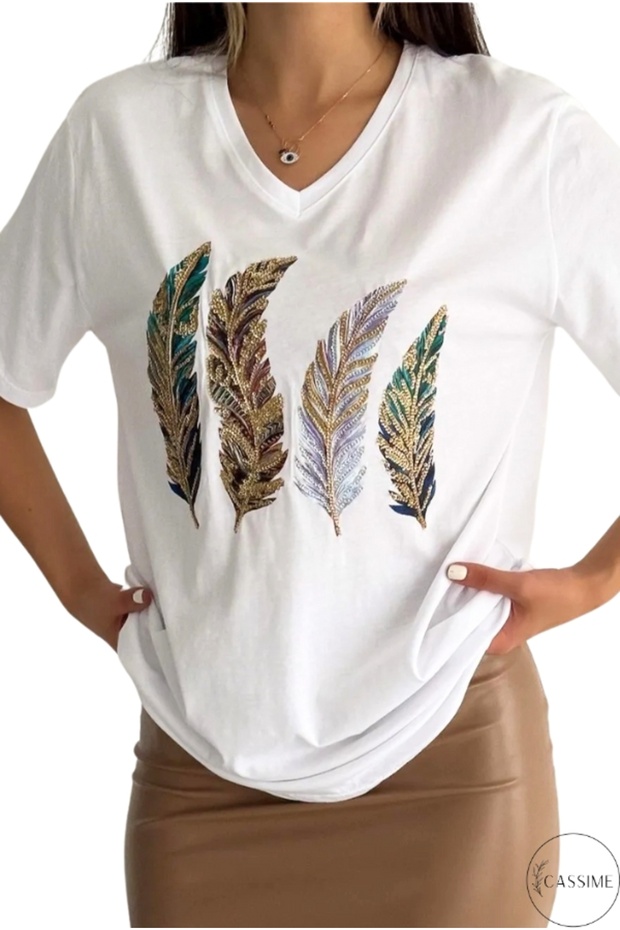 Women's White 100% Cotton Leaf Sequin Embroidered Large Size V-Neck T-Shirt Xl-2Xl-3Xl
