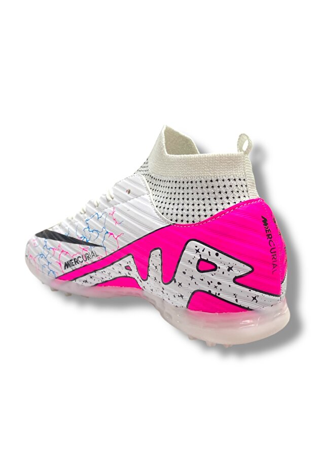 Mercurıal Çoraplı Unisex Halısaha Ayakkabı Beyaz Fuşya Desenli - 4