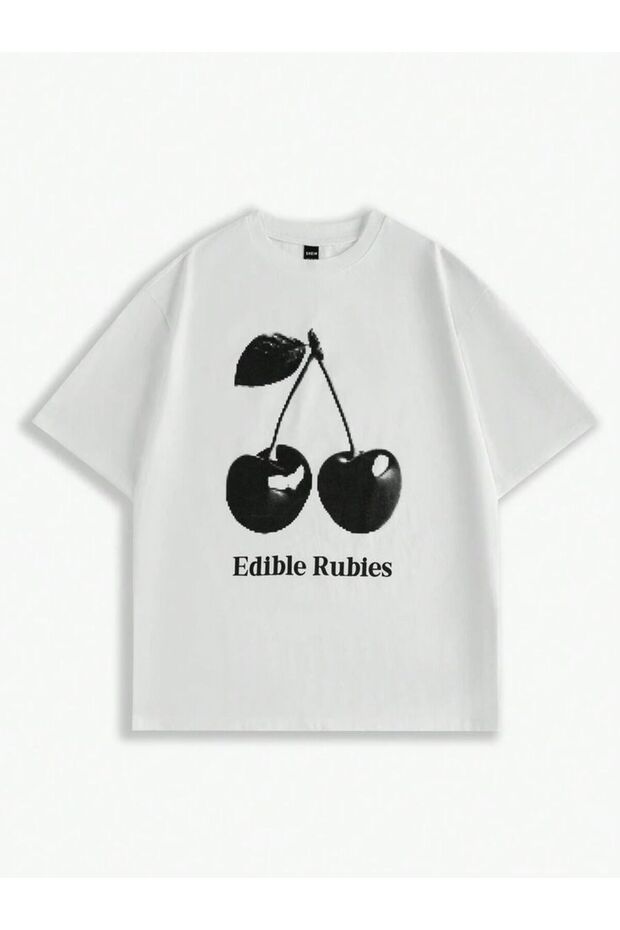 Copy - V-Neck Red Cherry Printed Oversize White Tshirt