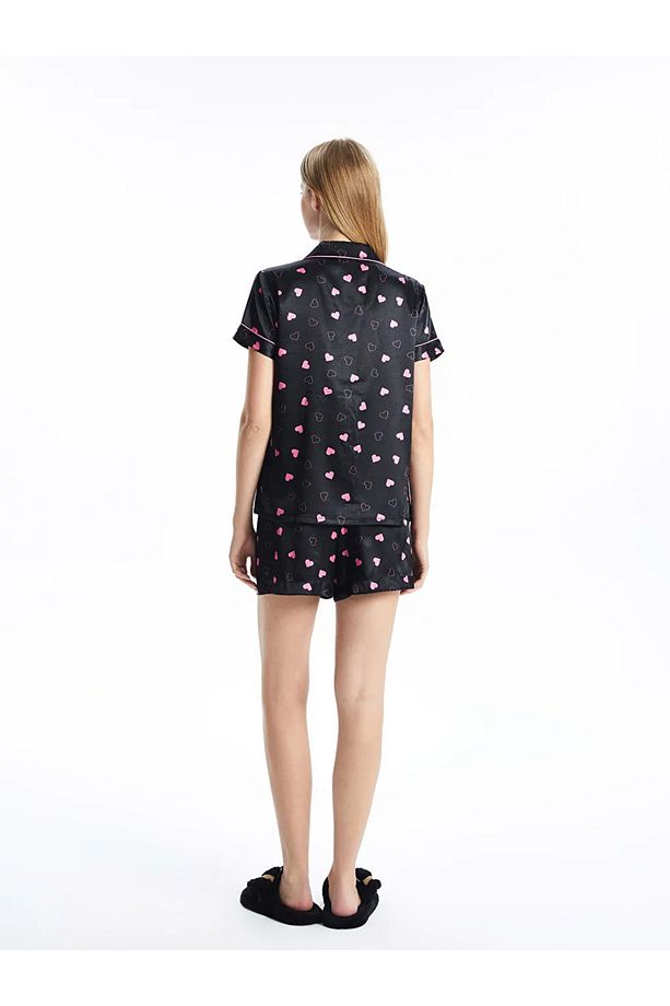 LCW DREAM Siyah Gömlek Yaka Desenli Kadın Şortlu Pijama Takımı - 4