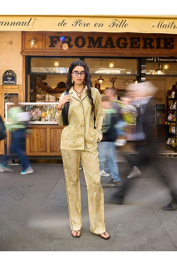 LCW DREAM Sari Gömlek Yaka Desenli Kadın Pijama Takımı - 1