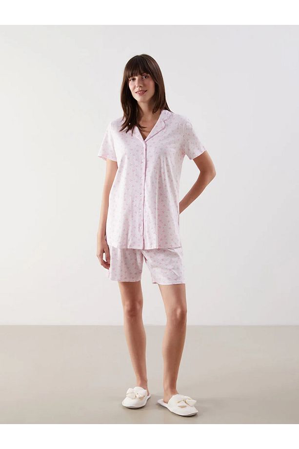 LCW DREAM Pembe Gömlek Yaka Desenli Hamile Şortlu Pijama Takımı - 1