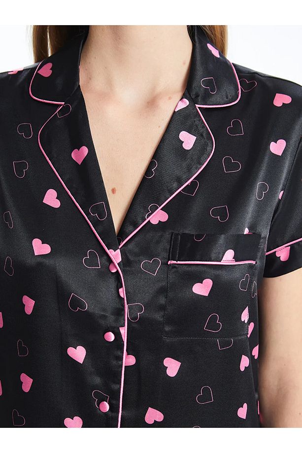 LCW DREAM Siyah Gömlek Yaka Desenli Kadın Şortlu Pijama Takımı - 3
