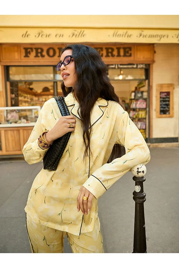 LCW DREAM Sari Gömlek Yaka Desenli Kadın Pijama Takımı - 3